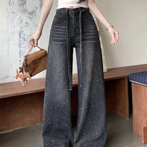 2025 Trashy Y2K Streetwear Hot Fix Rhinestone Washed Black Baggy Jeans Pants For Women Clothes Wide Leg Lady Trousers Ropa Mujer