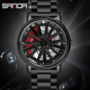 SANDA Men Fashion Hot Sell Car Rim Watch 360 Degree Rotating Wheel Rim Dial Stainless Steel Waterproof Sport Quartz Men Watches