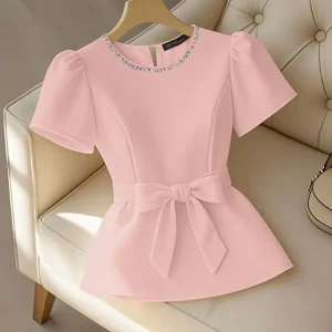 Office Women Blouse ZANZEA Summer Elegant Puff Sleeve Slim Fit Tops Tunic Stylish OL Work Shirt Fashion Lace -Up Holiday Blusas