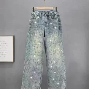Women Diamond Jeans Shiny High Waist Loose Wide Leg Denim Pants Blue Rhinestone Mopping Pant Streetwear Fashion Trousers Outwear