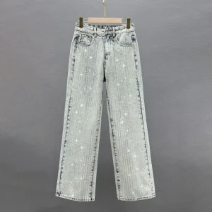 Autumn Women Rhinestone Jeans High Waisted Straight Leg Light Blue Trousers American Casual Fashion Loose Shiny Denim Pants