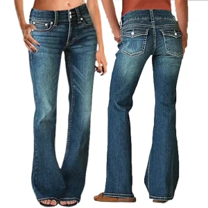 Women's Flare Bell Bottom Jeans Y2K Vintage Low Rise Stretch Bootcut Jeans Casual Wide Leg Denim Pants Streetwear