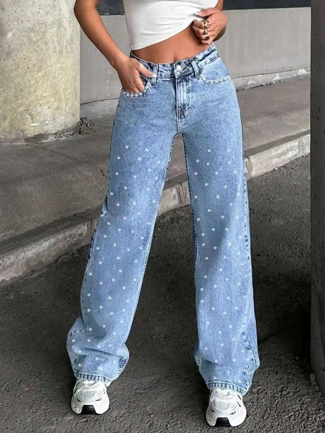 Jeans Rectos de Tiro Bajo Estilo Vintage con diamantes y elasticidad media en Zona Tendencias