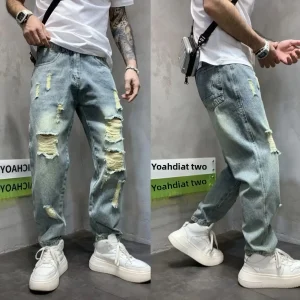 Men's Fashionable Casual Hole Punch Denim Jeans Loose Vintage Nine-Piece Harlan Pants Trendy Brand Scratch Poor Man's Pants