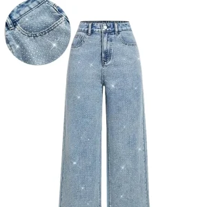 Women Diamonds Spliced Jeans Elegant Casual Midi Waist Denim Pants Solid Pockets Button Pant Washed Slight Strech Autumn Winter