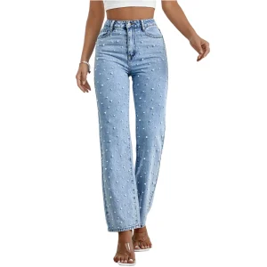 Slim Jeans Women's HighWaisted WideLeg Jeans Pearl Embellished Cotton Denim with Rhinestone Detail ButtonFront FullLength Trendy