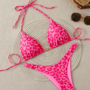Traje de baño para dama, Bikini de dos piezas con estampado de leopardo y corte brasileño, estilo halter ajustable, Zona Tendencia 2026.