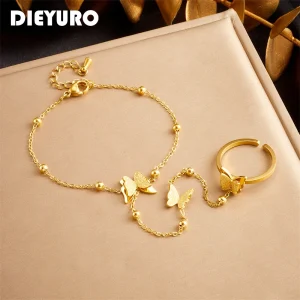 Pulsera de cadena con anillo integrado de mariposa en acero inoxidable color oro para mujer - Zona Tendencias