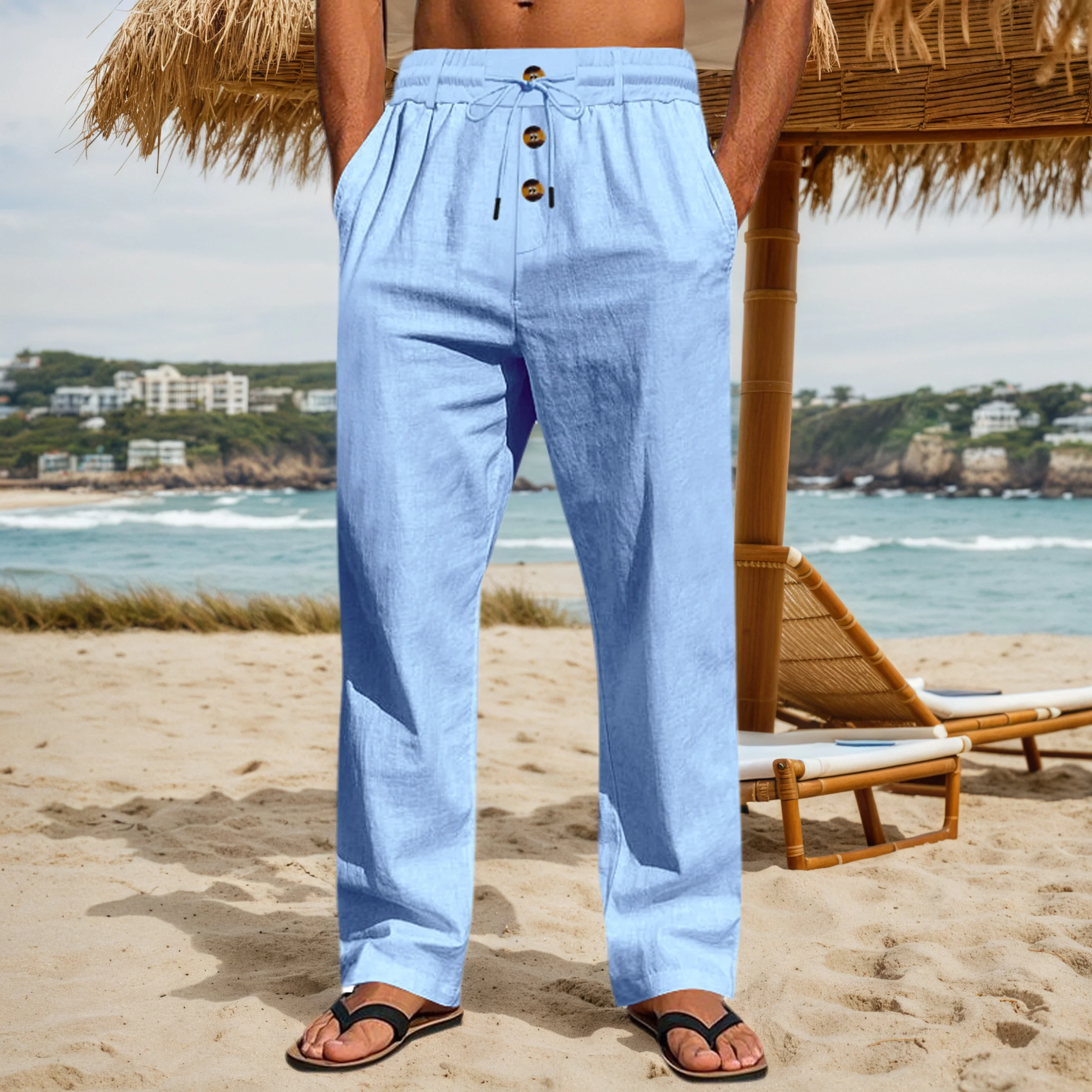 Pantalón de Lino y Algodón Holgado para Hombre con Cintura Elástica y Cordón - Imagen 2