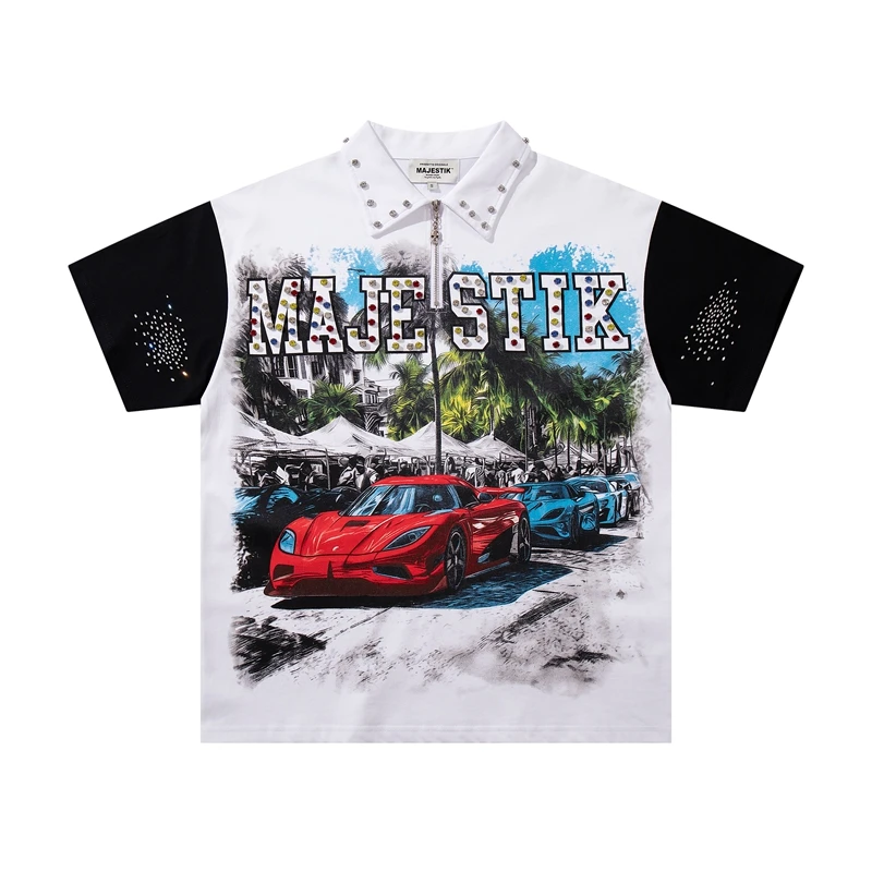 Polo Oversize con Media Cremallera Remaches y Estras para Hombre | Camiseta Streetwear Color Block - Imagen 14