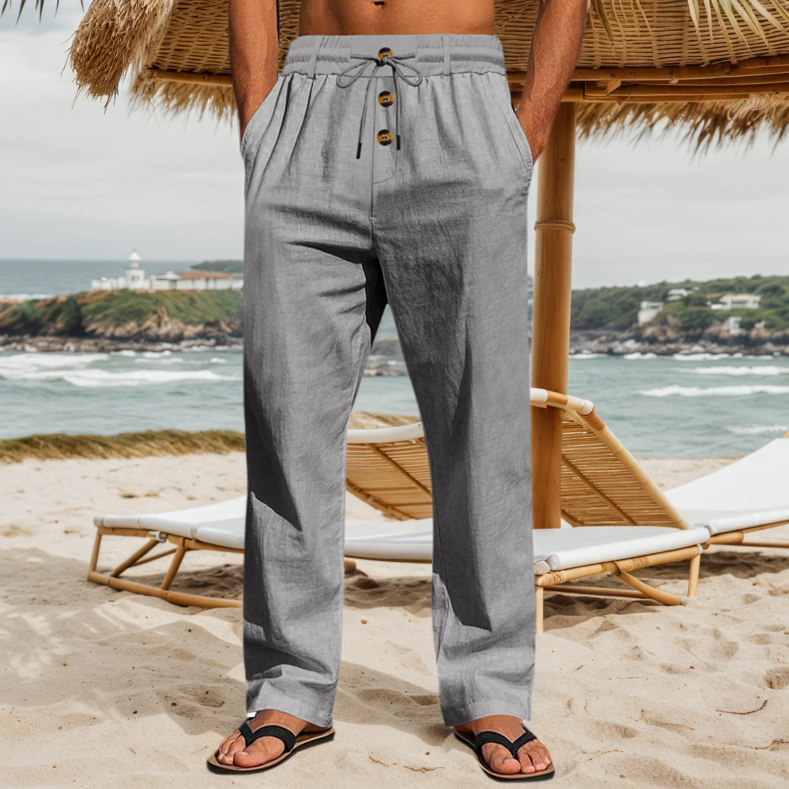 Pantalón de Lino y Algodón Holgado para Hombre con Cintura Elástica y Cordón - Imagen 5