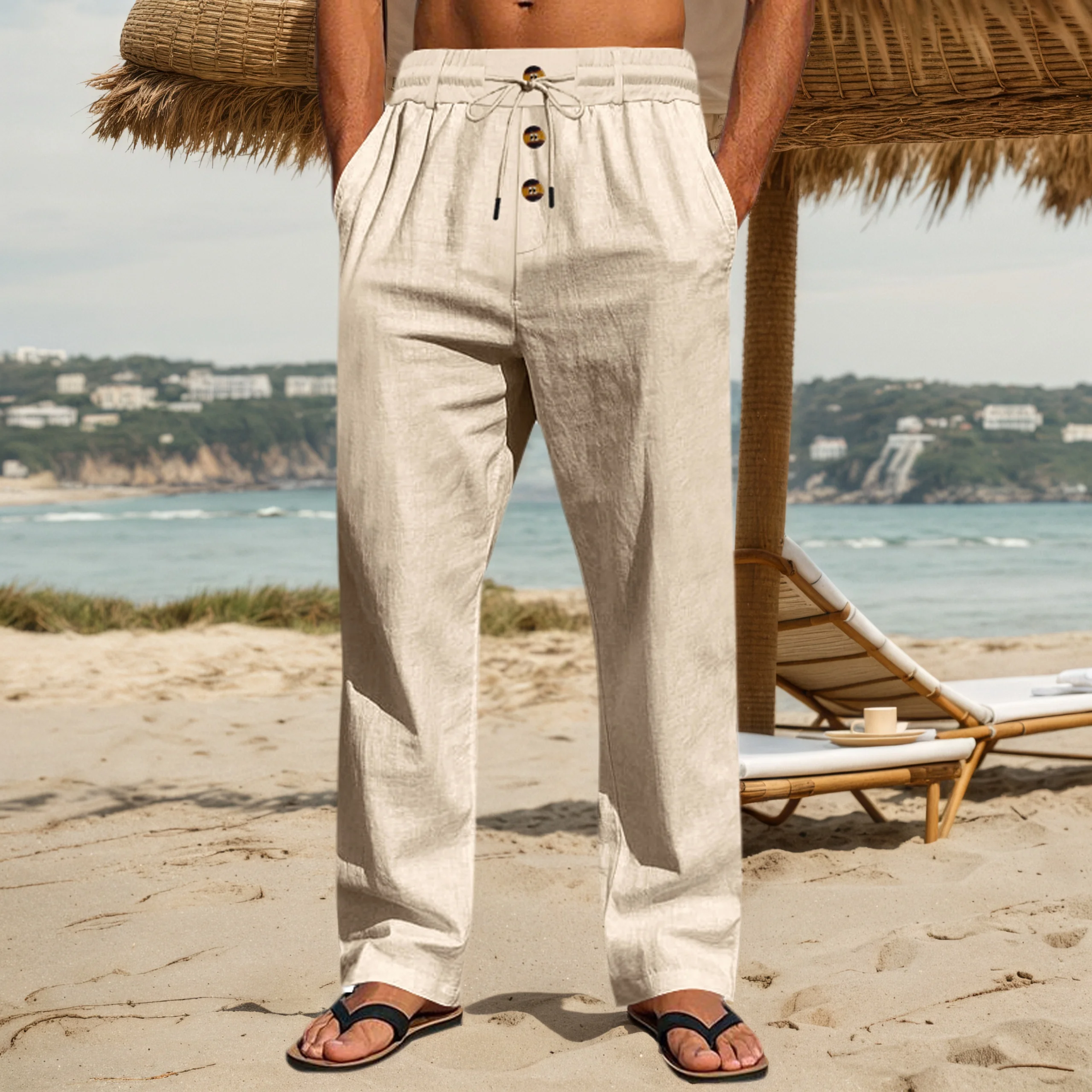 Pantalón de Lino y Algodón Holgado para Hombre con Cintura Elástica y Cordón - Imagen 3