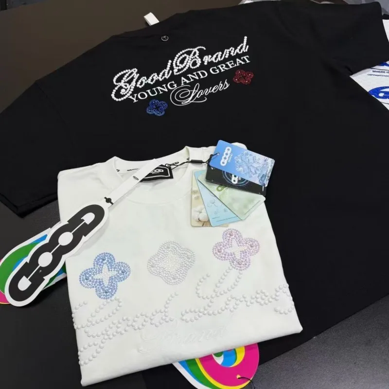 camiseta con diamantes GOODBRAND flor bordada streetwear