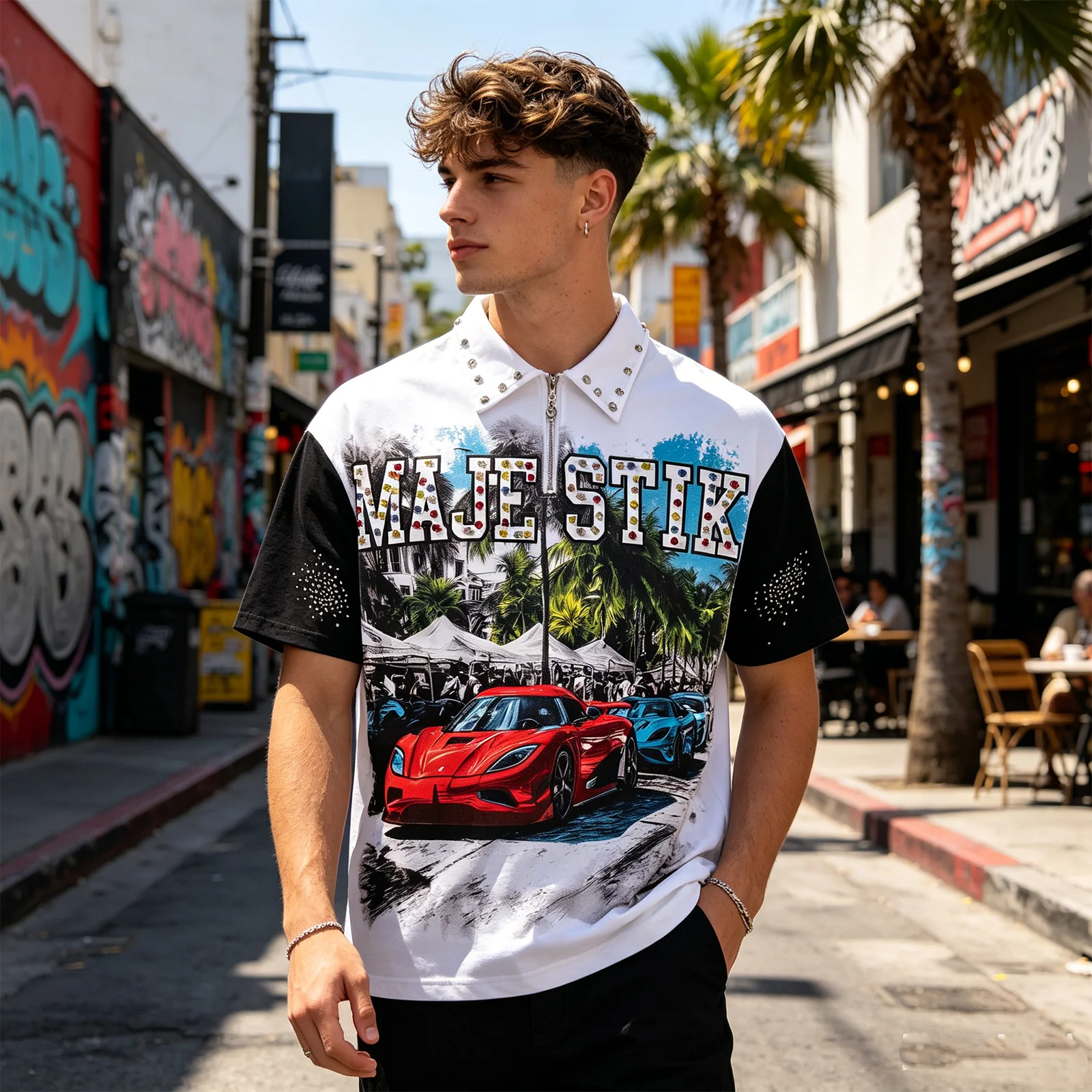 Polo Oversize con Media Cremallera Remaches y Estras para Hombre | Camiseta Streetwear Color Block - Imagen 3
