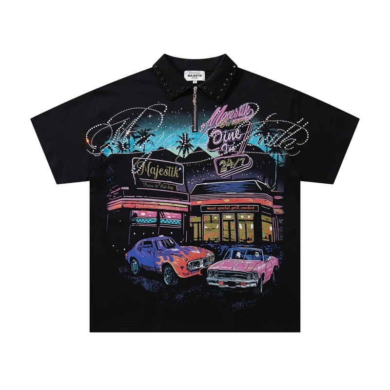 Polo Oversize con Media Cremallera Remaches y Estras para Hombre | Camiseta Streetwear Color Block - Imagen 12