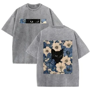 Camiseta Oversize Negra Lavada Vintage con Estampa de Gato y Flores