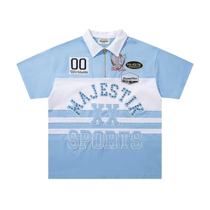Polo Oversize con Media Cremallera Remaches y Estras para Hombre | Camiseta Streetwear Color Block - Imagen 9